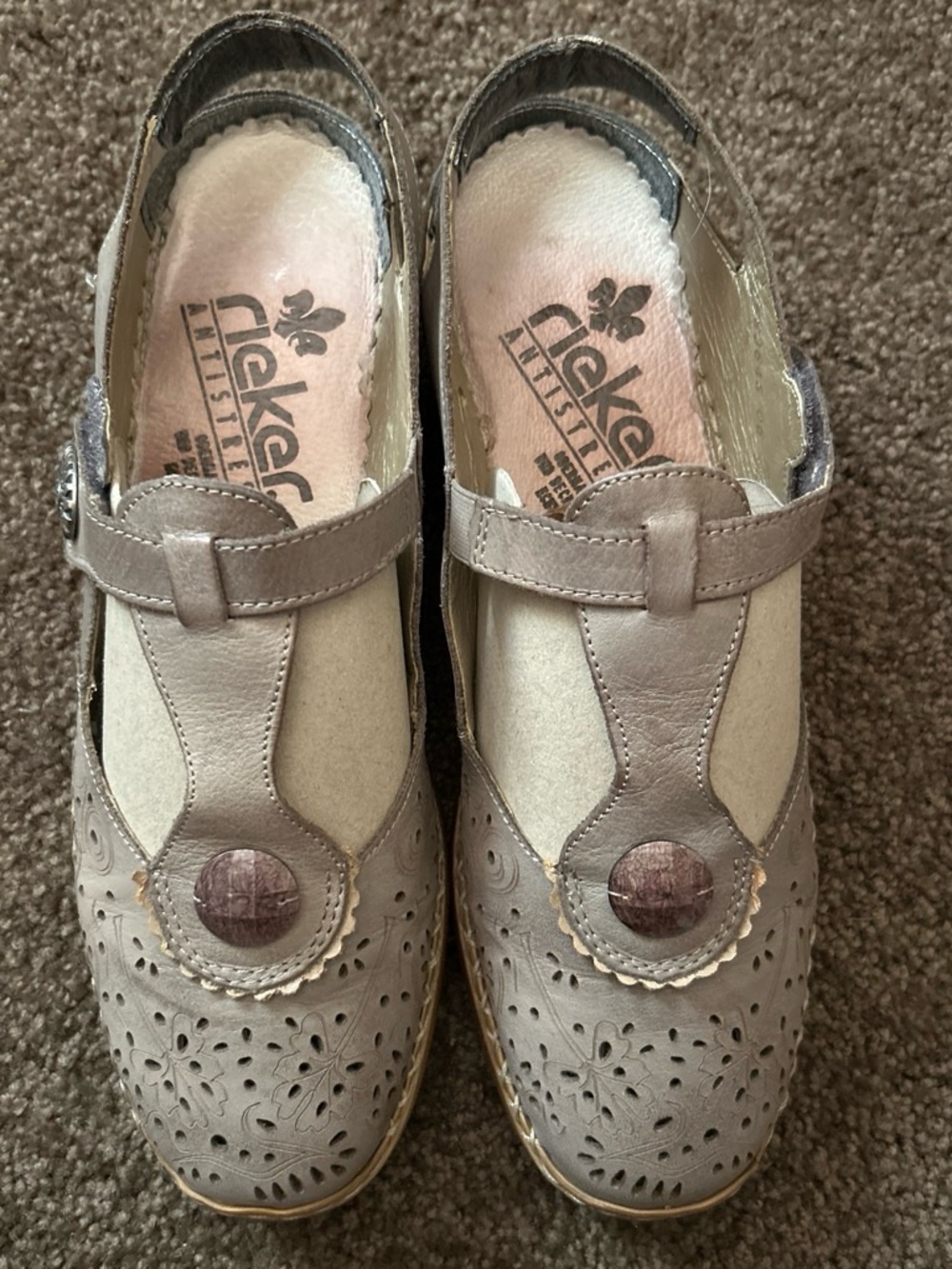 Rieker Gray Perforated Slip-On Loafers with Decorative Medallion